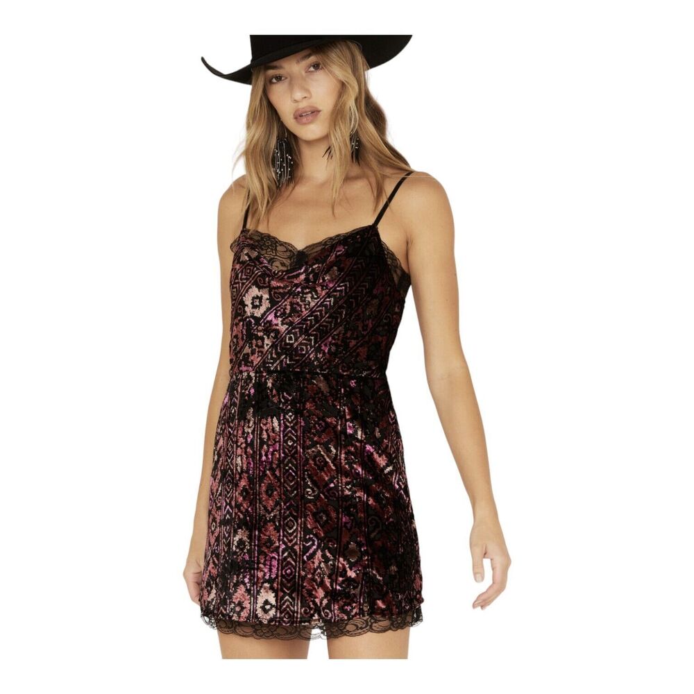 Idyllwind Sleeveless Sexy Fushia Cowl Neck Black Lace Trim Mini Dress Sz XS NWT